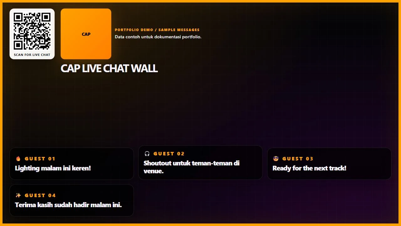 Chat-wall layout rendered from the actual application with sample messages.