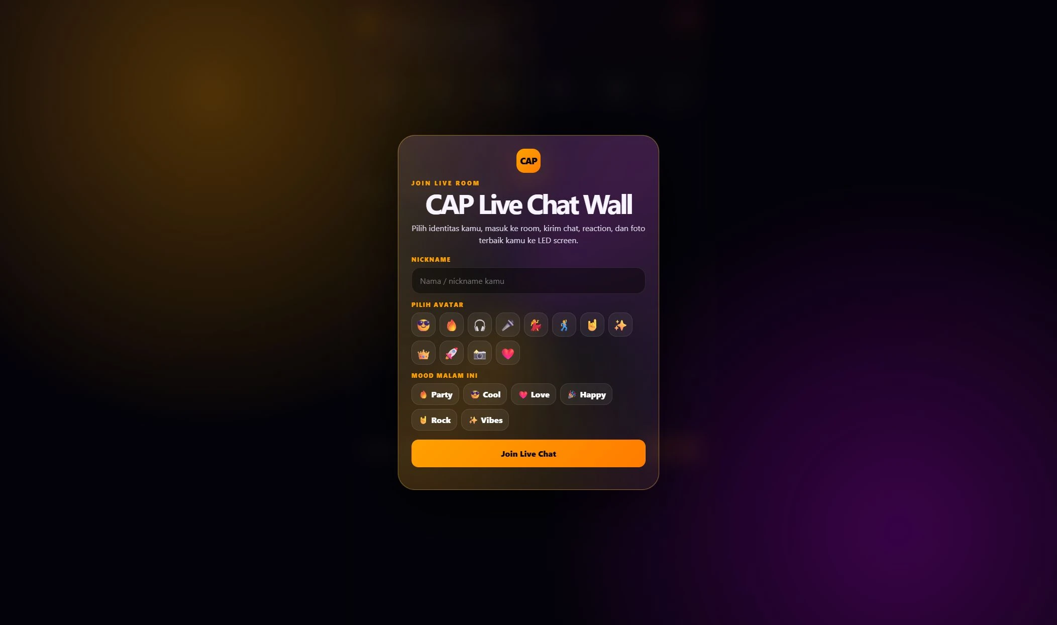 Guest entry interface: nickname, avatar and mood choices.